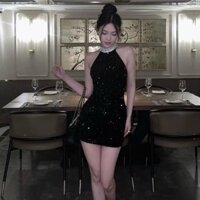 ￼[có mút ngực] Đầm dự tiệc đính đá chất kim sa đầm body cổ yếm sang trọng - elssa Nữ Women Dress