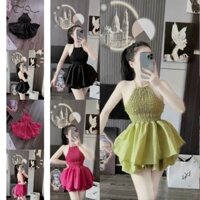 [CÓ MÚT NGỰC] Set yếm hở lưng kèm quần đùi bí 4 màu hồng, xanh, đen, trắng form 38-53kg [HÌNH SHOP CHỤP THẬT]