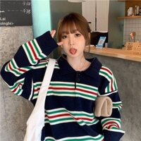 Cổ Polo Nữ Phối Màu Sọc Áo Len Phong Cách Hàn Quốc Rời Áo Len Áo Khoác