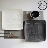 [Có sẵn] [Ảnh thật] Dĩa/Đĩa sứ vuông vân sần trắng đen 23cm phù hợp cho các món ăn Á- Âu