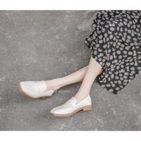 CÓ SẴN ẢNH THẬT Giày moca nữ - búp bê văn phòng - Loafer nữ dáng basic màu đen - kem da mềm CALEE STORE TCH