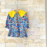 [Có sẵn] [Ảnh thật] Váy Bé Gái Tay Dài Cổ Vàng Hoa Nhí Xanh V08