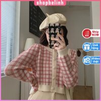 [Có sẵn] Áo khoác len mỏng dáng ngắn, Áo croptop dài tay kẻ caro viền trăng 4 màu phong cách hàn quốc - shopbelinh