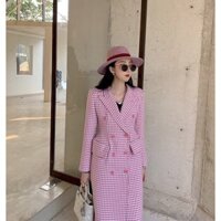 (CÓ SẴN) Áo măng tô nữ kẻ caro hồng dáng dài cao cấp phong cách Hàn Quốc