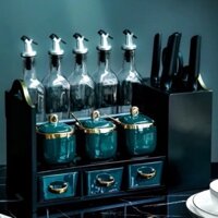 (Có sẵn) Bộ 12 món đựng gia vị,dầu ăn, nước mắm,.....kèm giá đựng dao cao cấp