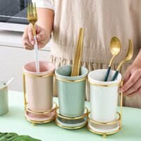 (Có Sẵn) Bộ 3 Ống Sứ Cắm Đũa,Thìa Khung Vàng Tone Màu Pastel Cao Cấp Reminihomes