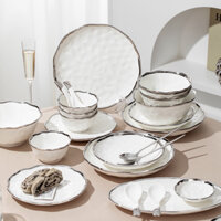 (có sẵn) Bộ bát đĩa tô thìa gốm sứ trắng viền bạch kim 19 món và 29 món cao cấp