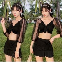 (CÓ SẴN) Bộ đồ bơi nữ, bikini hai mảnh quần dạng váy phối tay ren quyến rũ