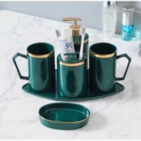 (Có sẵn )Bộ đồ dùng nhà tắm sứ xanh viền vàng