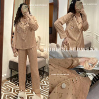 Có sẵn  ( CAO CẤP ) Bộ Ngủ Nhung Dáng Dài Hoạ Tiết Chấm Bi Hello Kitty Tiểu Thư QC Loại 1 Chuẩn Ảnh - Hube Sleepwear