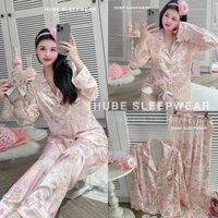 Có sẵn  ( CAO CẤP ) Bộ Ngủ Lụa Dáng Dài Hoạ Tiết Gấu Bánh Kem Tiểu Thư QC Loại 1 Cao Cấp Chuẩn Ảnh - Hube Sleepwear