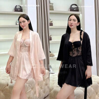 Có sẵn ( CAO CẤP ) Set Váy Ngủ Lụa Kèm Áo Choàng Hoa Hồng Phối Eo Croset Cánh Tiên Se.xy QC Loại 1 - Hube Sleepwear