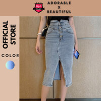 [Có Sẵn] Chân Váy Jean Nữ Dài Xẻ Đùi Nút Dáng Chữ A, Váy Dài Xanh Nhạt Form Suông Hot Trend Ulzzang [AdorablexBeautiful]