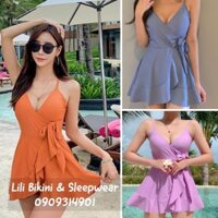 (Có sẵn, có big size, hình thật) Bikini váy Hàn Quốc màu hot cam, xanh tím, bèo nhún xinh xắn, đan dây sau lưng  ྇  ྇