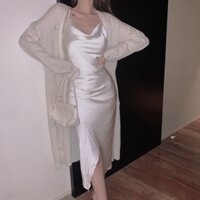 [Có Sẵn] Đầm Lụa Trắng Dài Hai Dây Xẻ Đùi Phong Cách Sexy Đi Tiệc Hot Trend [AdorablexBeautiful]