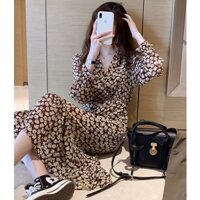 [CÓ SẴN] Đầm Voan Cổ V  Tay Bồng Hoa Nhí Màu Nâu⚡️ẢNH THẬT⚡️ Váy Đầm Chất Voan Mát, Dài Tay Cho Nữ _Yohamy