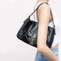 (Có sẵn Đen) Túi da đen kẹp nách màu đen lớn basic khoá tròn cổ điển Ulzzang Hàn Quốc