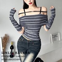 [Có sẵn] [Giá hủy diệt] Áo Hai Dây Phối Dây Tag Chữ, Form Ôm, Tay Áo Trễ Vai Hoạ Tiết Kẻ Sọc Ngang Tặng Kèm Găng Tay