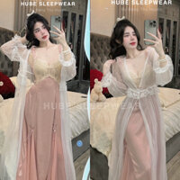 Có sẵn  ( HÀNG CAO CẤP ) Set Váy Ngủ Lụa Kèm Áo Choàng Voan Hồng Dáng Dài Ren Cổ Ngực Nơ QC Loại 1 - Hube Sleepwear