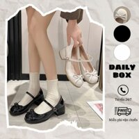 [CÓ SẴN - HỎA TỐC] Giày búp bê lolita trắng đen mũi tròn đính nơ mảnh đế cao 5cm cài khóa