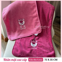 (CÓ SẴN) Khăn mặt mềm mịn nhung san hô lông cừu thêu Gấu Dâu L-o-t-s-o 75x35cm, siêu mềm mại cho làn da nhạy cảm