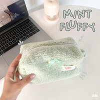 [Có sẵn] Mint Fluffy Pouch Bag - Túi Pouch lông màu hồng đựng đồ makeup, hộp bút, đựng đồ cá nhân - Tặng kèm nơ các màu