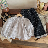 (Có sẵn) Quần áo trẻ em, áo dài tay bé gái thiết kế áo xoè dáng babydoll cổ nhún điệu đà kết hợp với quần dài chấm bi