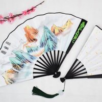 (Có sẵn) Quạt ngọc thanh côn luân phiến bản lụa không hộp quạt tam sinh tam thế đồ cổ trang trung quốc cổ phong cổ đại