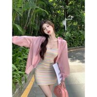 (Có sẵn) Set áo khoác sơ mi mỏng hồng baby thắt nơ sau lưng + váy hai dây body ôm dáng kẻ cầu vồng (ảnh thật)