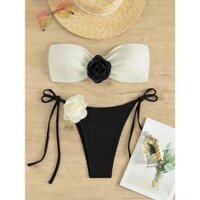 [CÓ SẴN] Set Bikini 2 Mảnh Trắng Đen Đính Hoa Trà 3D 🌸 Áo bơi Áo tắm đi biển 🌺 Freeship (SHF006)