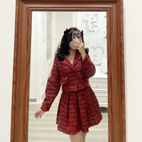 [CÓ SẴN] SET DẠ ĐỎ ÁO KHOÁC TAY BỒNG VÀ CHÂN VÁY XOÈ LY