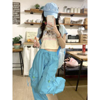 [Có sẵn] Set Đồ Màu Xanh Pastel Áo Croptop In Hình Cún Phối Quần Ống Rộng Dễ Thương Năng Động