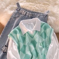 (CÓ SẴN) Set quần áo đi học/ set gile xanh lá + quần jeans thời trang phong cách Hàn Quốc dành cho nữ (có ảnh thật)
