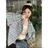(Có sẵn-ship hoả tốc) Áo sơ mi caro phối màu xanh hồng