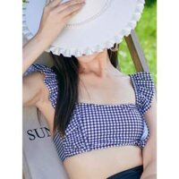 [CÓ SẴN] Top Bikini lẻ áo Caro Đen Trắng Viền Bèo có mút lót Áo bơi Áo tắm đi biển 🌺 Freeship (SH001)
