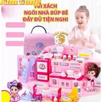 [Có sẵn] Túi xách ngôi nhà búp bê 2 tầng màu hồng đầy đủ nội thất phụ kiện nhà bếp phòng ngủ bồn tắm nhạc đèn 855 SẴN CÓ