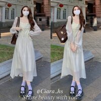 [Có Sẵn] Váy đầm dệt tơ Tiểu thư voan nhũ màu kem dáng dài