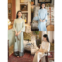 [Có Sẵn]Áo Dài Cách Tâm lụa Gấm Dáng Suông Cổ cao 4 Tà Đính Trai Nhẹ Nhàng - Áo Dài Lia