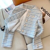 (có sẵn)Áo Khoác Dạ Xanh Cổ Tròn khuy Ngọc