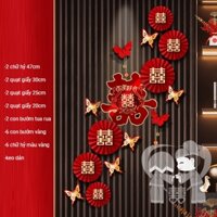 (có sẵn)Set quạt giấy và chữ hỷ trang trí đám cưới