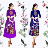 Có size 3XL Áo Dài Cách Tân cổ tròn in họa tiết hoa và chim cò mùa xuân kèm váy