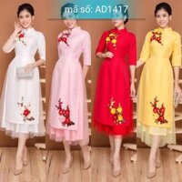 Có size 4XL Set Áo Dài Cách Tân cổ trụ hoa thêu kèm váy lưới .