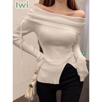 (CÓ SIZE) Áo Kiểu Trễ Vai Kèm Dây Rút Chính Hãng IWI SHOP Dài Tay Thiết Kế Xẻ Tà Cho Nữ - A202.IW