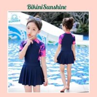 [Có size lớn ] đồ bơi bé gái , áo tắm bé gái váy liền thân ngắn tay pha tím BIKINI SUNSHINE PTLV00
