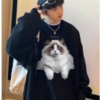 có size lớn M-8xl áo sweater nam bigsize unisex nam nữ form rộng tay lỡ phông cách Hàn Quốc Áo len cổ tròn in hình mèo hoạt hình Super Fire