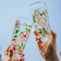 (Có thể khắc logo) Ly thủy tinh vẽ tay 350ML, cốc đựng nước gia dụng viền vàng, cốc trà, cốc đựng đồ uống, cốc đựng bữa sáng, cốc đựng sữa, cốc đựng bia, cốc đựng nước ép, cốc đựng sữa lắc