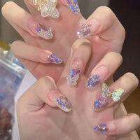 Có Thể Tháo Rời Giả Đeo Móng Tay Bền Đẹp Thiên Nhiên Không Móc Tóc Bướm Tím Mịn Lấp Lánh Chống Nước Keo Nơ Fine Sparkle Phong Cách Dài