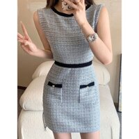 Cổ Tròn Màu Sắc Tương Phản Phong Cách Chanel Đầm Dệt Kim Phong Cách Mới Hẹp Eo Ôm Hơn Váy