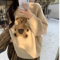Cổ Tròn Tay Dài Hoạt Hình Gấu Áo Len Nữ Mùa Đông Rời Retro Lười Bên Trong Mặc Tuổi-Giảm Áo Len Dệt