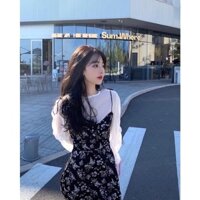 [Có Video Thật] Đầm Hoa Nhí 2 Dây Phối Voan Trắng Tay Phồng Dài